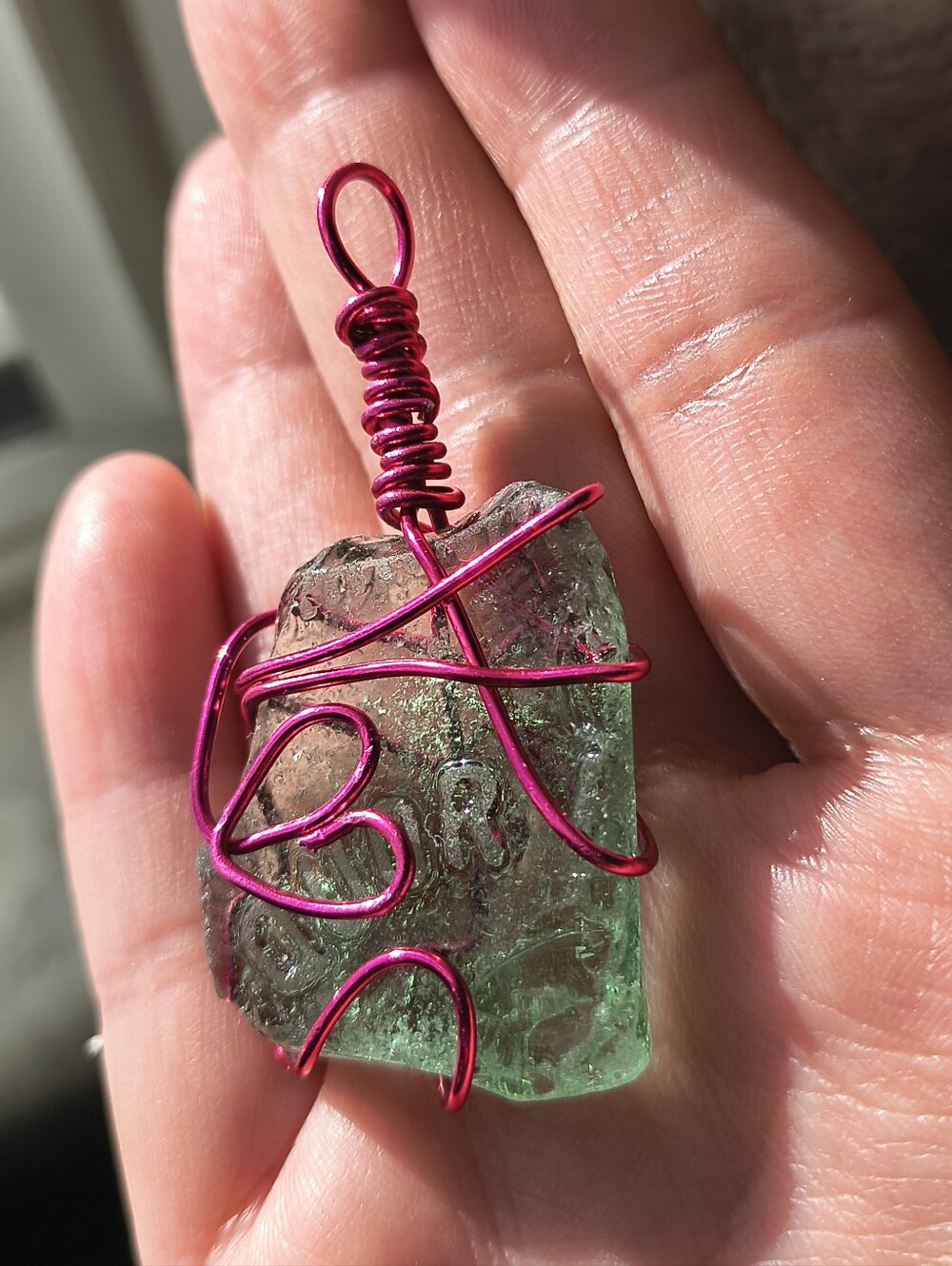 Handmade Pink wire Green Glass Sea Glass Wire Wrapped Necklace